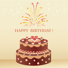 Happy birthday card. Celebration cake with fireworks on light background. Vector illustration