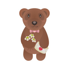 Valentine bear with flowers and lovely letter isolated on white background for use greeting card, stamps, label, posters and romantic quote. Vector Illustration