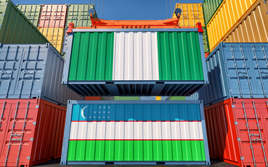 Fototapeta premium Cargo containers with Uzbekistan and Nigeria national flags. 3D Rendering