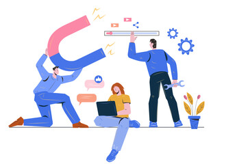 SMM team analyzing customers feedbacks and increasing leads, Lead generation and customer retention increasing concept, flat vector illustration isolated on white background.