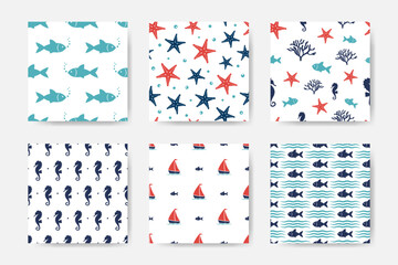 Vector collection of marine seamless patterns with fish, starfish, corals and seahorse © DELYRICA