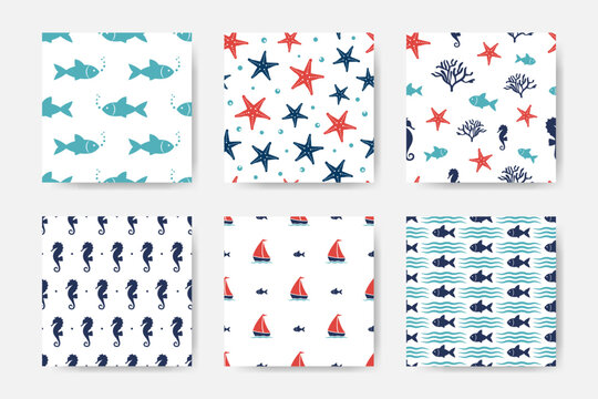 Vector collection of marine seamless patterns with fish, starfish, corals and seahorse
