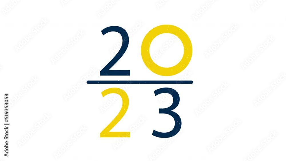 Poster happy new year 2023 text animation with bounce and hit at alphabet effect with snow particle behind 