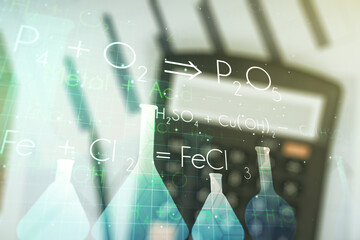 Abstract virtual chemistry illustration on blurry calculator and papers background, science and research concept. Multiexposure