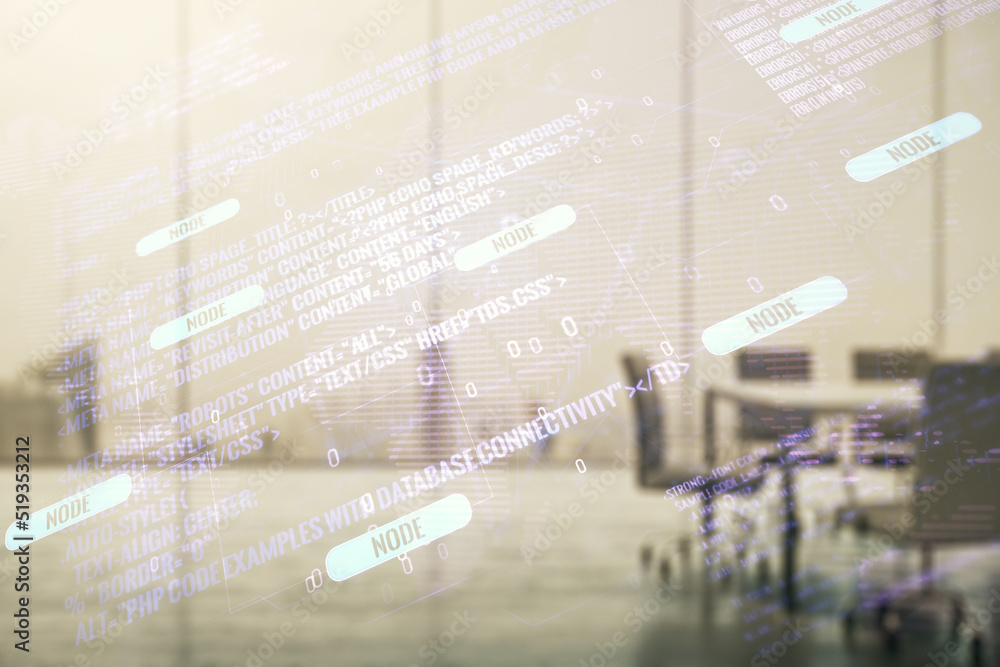 Poster double exposure of abstract creative programming illustration and world map on a modern boardroom ba