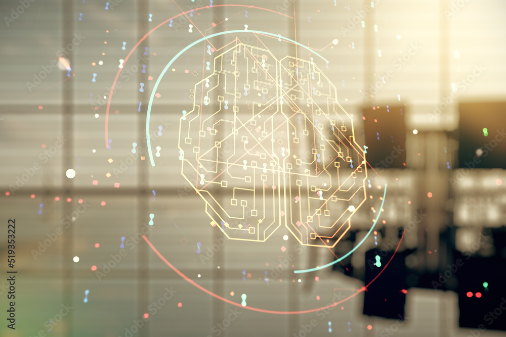 Poster double exposure of creative artificial intelligence interface on a modern meeting room background. n