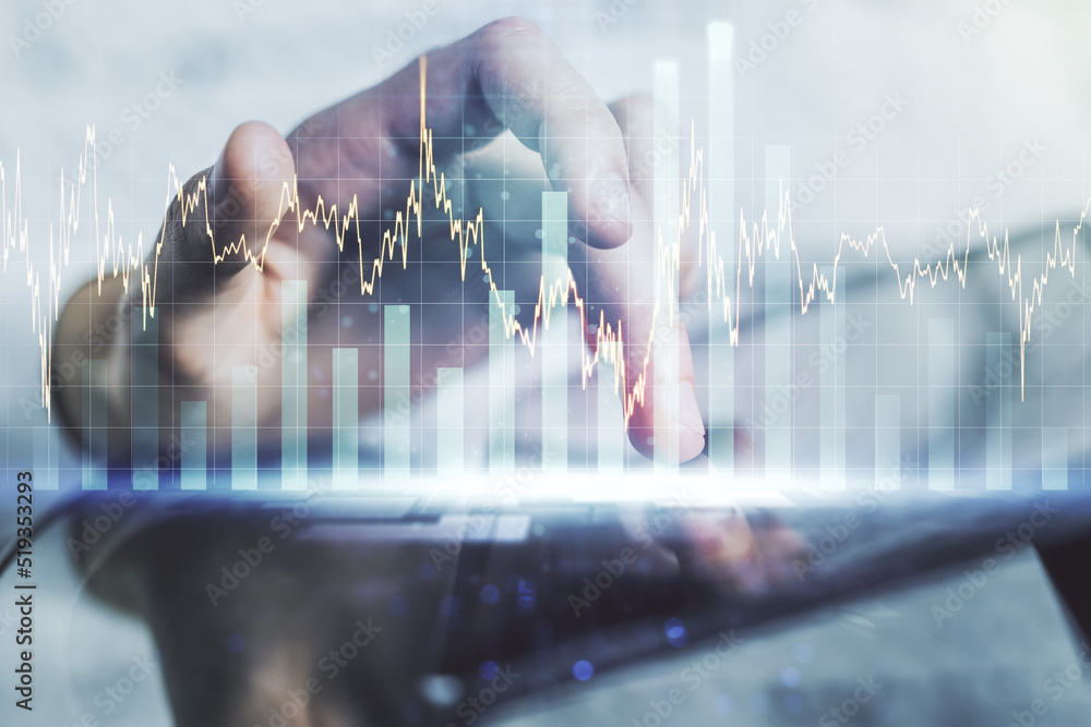 Poster abstract creative financial graph with finger clicks on a digital tablet on background, financial an