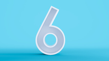 Obraz premium 3D render of white number six isolated on a colorful blue background, number 6