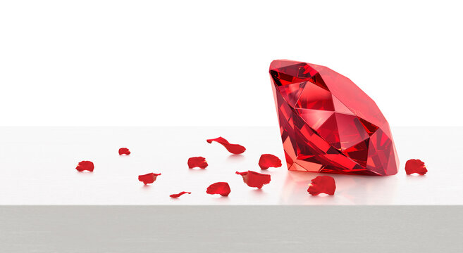 Red dazzling diamond and rose petals on white wooden table, Valentines day concept. 3d render