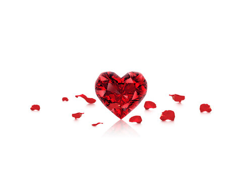 Red Heart shaped diamond and rose petals on white background,Valentines day concept. 3d render