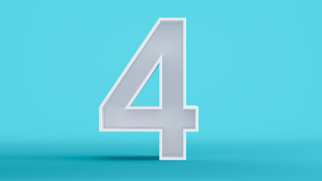 3D render of white number four isolated on a colorful blue background, number 4