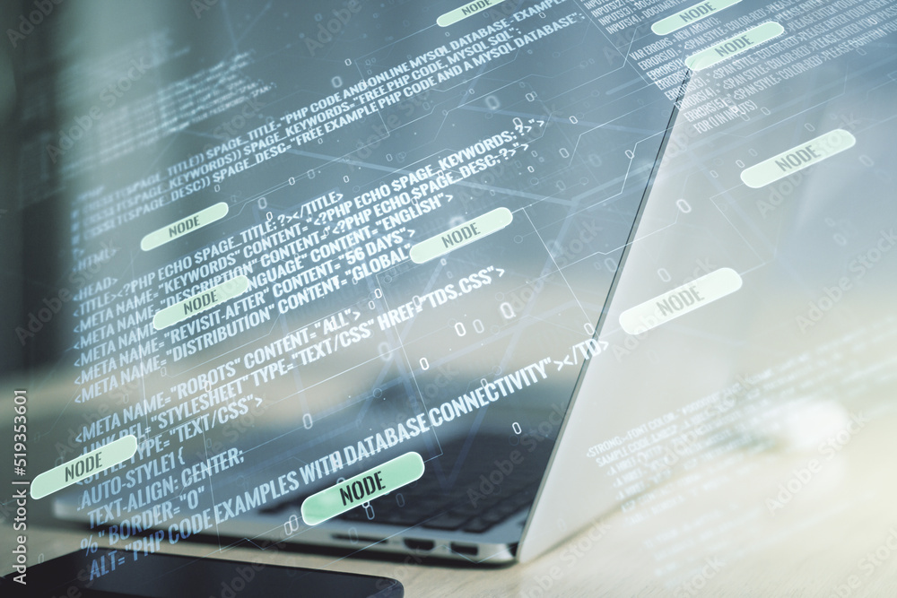 Poster double exposure of abstract creative programming illustration on computer background, big data and b