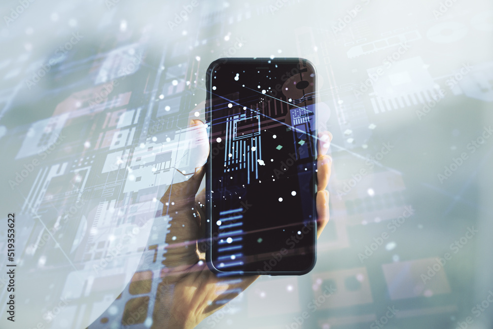 Poster abstract creative coding concept and hand with phone on background. multiexposure