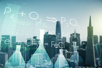 Abstract virtual creative chemistry hologram on San Francisco skyline background. Multiexposure