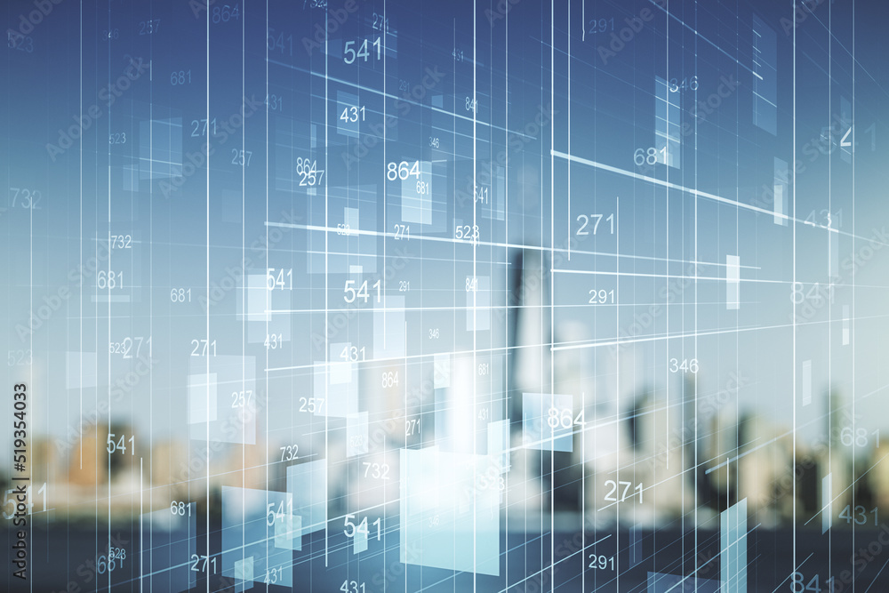 Poster multi exposure of abstract statistics data hologram interface on blurry office buildings background,