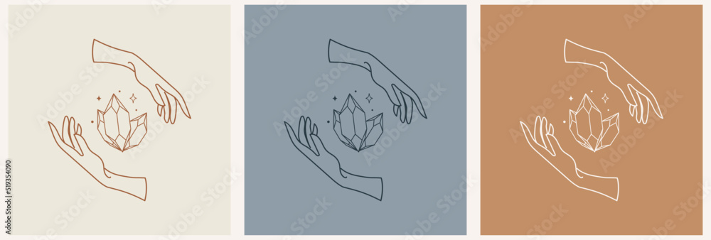 Wall mural mystical female hands logo in minimal linear style. vector logo design. templates with various hand 