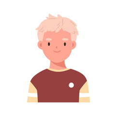 Cute boy head portrait. Positive child face avatar. Happy smiling school kid, little student. Adorable Scandinavian schoolboy with blonde hair. Flat vector illustration isolated on white background