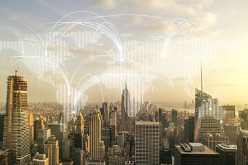 Double exposure of abstract digital world map hologram with connections on New York city skyscrapers background, research and strategy concept