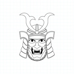 Hand drawn Japanese samurai with hannya mask and katana sword coloring page, Vector illustration eps.10