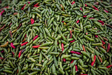 Hot chili peppers are sold in the Amorn Nakhon Naklua Fresh Food Market, Thailand.