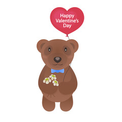 Valentine bear with flowers and red balloon with sign Happy Valentines Day for use greeting card, stamps, label, posters and romantic quote. Vector Illustration