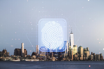 Abstract virtual fingerprint illustration on New York cityscape background, personal biometric data concept. Multiexposure