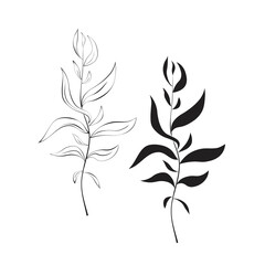 Vector icon of a branch. Botanical illustration in black color. Design element. Sketch for tattoos, greeting cards, blogs, posters. 
Design for printing on textiles, clothing.