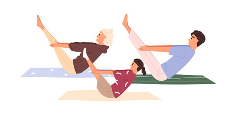 Fototapeta premium Healthy family with child doing sports exercises together. Parents and kid stretching on mats. Workout of mother, father, and daughter. Flat graphic vector illustration isolated on white background
