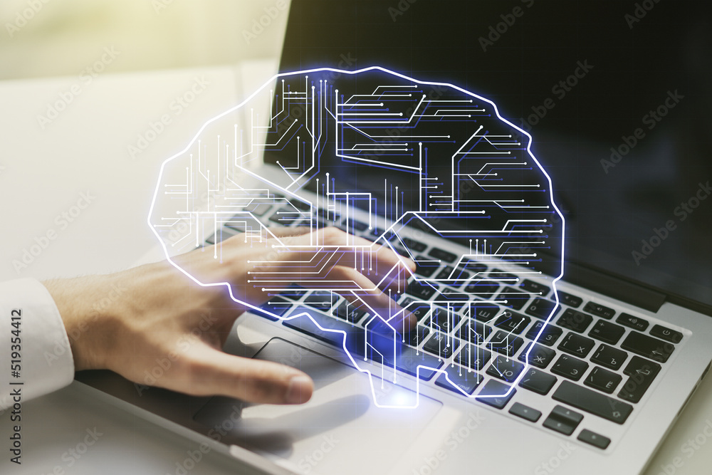 Poster double exposure of creative human brain microcircuit with hand typing on computer keyboard on backgr