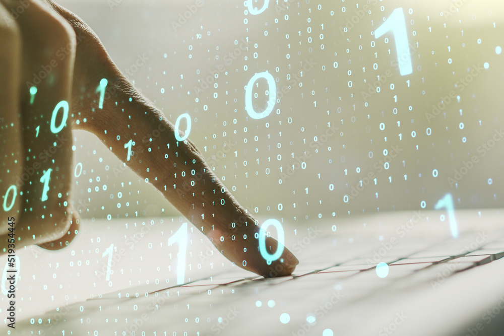 Aufkleber creative abstract binary code sketch and hands typing on computer keyboard on background, hacking an