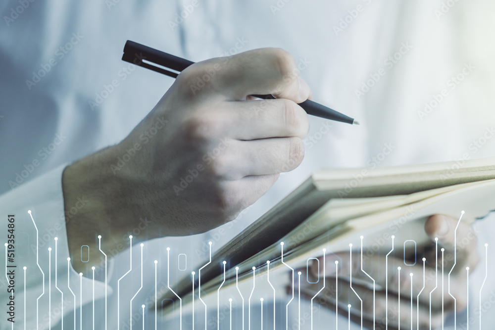Poster creative concept of microscheme illustration and man hand writing in notebook on background. big dat