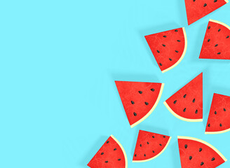 watermelon slices on a blue background . Summer watermelon background 3d-rendering