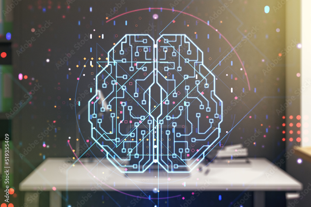 Poster double exposure of creative artificial intelligence symbol and modern desktop with laptop on backgro