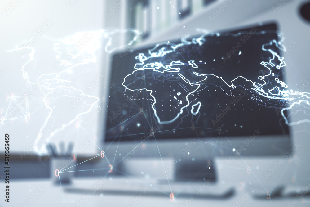 Poster multi exposure of abstract creative digital world map and modern desktop with laptop on background, 