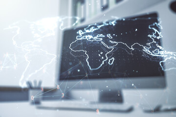 Multi exposure of abstract creative digital world map and modern desktop with laptop on background,...