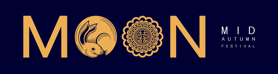 Mid Autumn festival with rabbit and moon, mooncake ,flower,chinese lanterns with gold paper cut style on color Background. ( Chinese Translation : Mid Autumn festival )