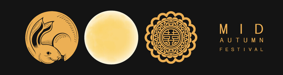 Mid Autumn festival with rabbit and moon, mooncake ,flower,chinese lanterns with gold paper cut style on color Background. ( Chinese Translation : Mid Autumn festival )