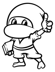 Kawaii Ninja Cartoon character carrying a package as a Courier and make thumb up gesture for a good services sign. Best for sticker, logo, and coloring book with delivery service business themes