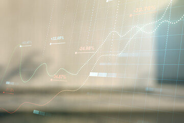 Multi exposure of abstract virtual graphic data spreadsheet sketch on blurry contemporary office building background, analytics and analysis concept