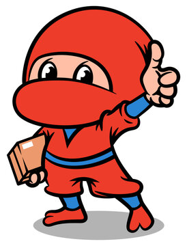 Kawaii Ninja Cartoon character carrying a package as a Courier and make thumb up gesture for a good services sign. Best for sticker, logo, and mascot for delivery service business