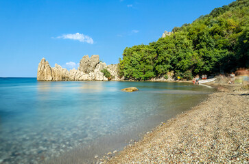 Close up photo of Olympos beach and ruins in Olympos ancient city in Antalya.