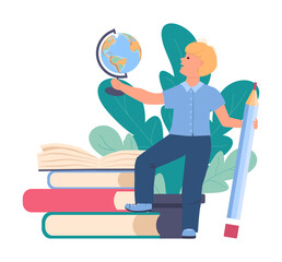 Little boy is standing on a stack of books. He holds a globe in one hand and a giant pencil in the other. Schoolboy. Vector illustration in flat style