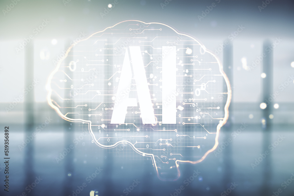 Aufkleber virtual creative artificial intelligence hologram with human brain sketch on empty corporate office 