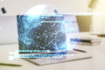 Abstract creative coding concept with world map on modern laptop background. Multiexposure