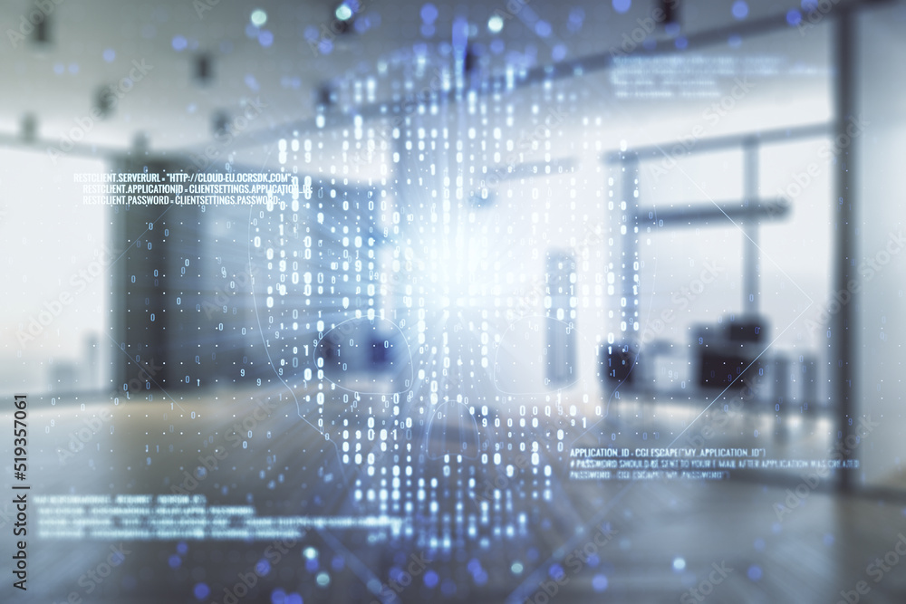 Poster abstract virtual code skull hologram on a modern furnished classroom background, cybercrime and hack
