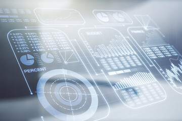 Double exposure of abstract creative statistics data hologram on empty room interior background, analytics and forecasting concept