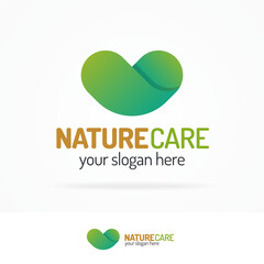 Nature care logo set consisting of green heart flat color style for use save planet company, ecology control, clean energy, healthcare etc. Vector Illustration