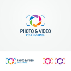 Photo and video logo set with aperture modern flat color style can for use photostudio, photoalbum, photoschool, photoeducation, photolaboratory, food photo, wedding and etc. Vector Illustration