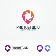 Photostudio logo set with aperture and pin color modern style for use photoschool, photoeducation, photolaboratory, food photo, wedding etc. Vector Illustration