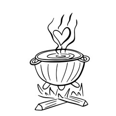 Magic pot with love potion. Doodle witchcraft vector illustration